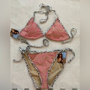 Pink Triangle Bikini with Leopard Trim